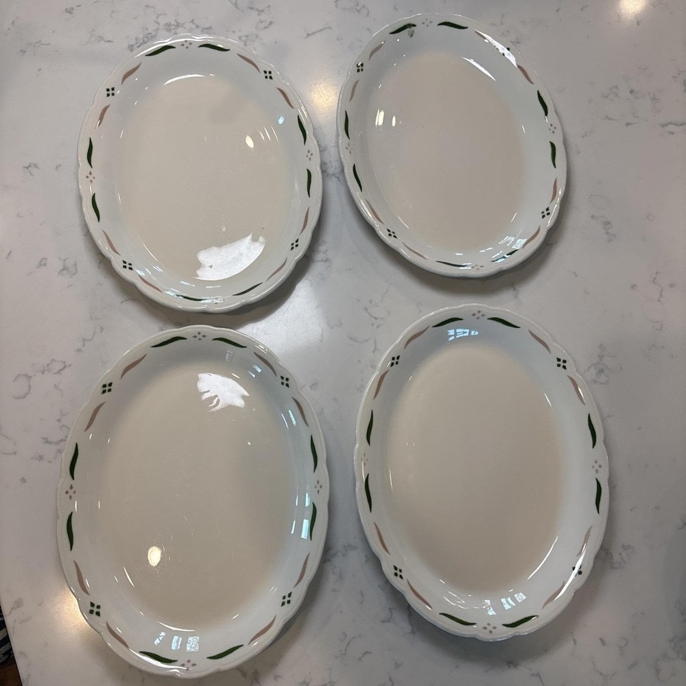 VTG 4 Buffalo China Oval Restaurant -Ware Dinner Platters Plates Green Pink Rim